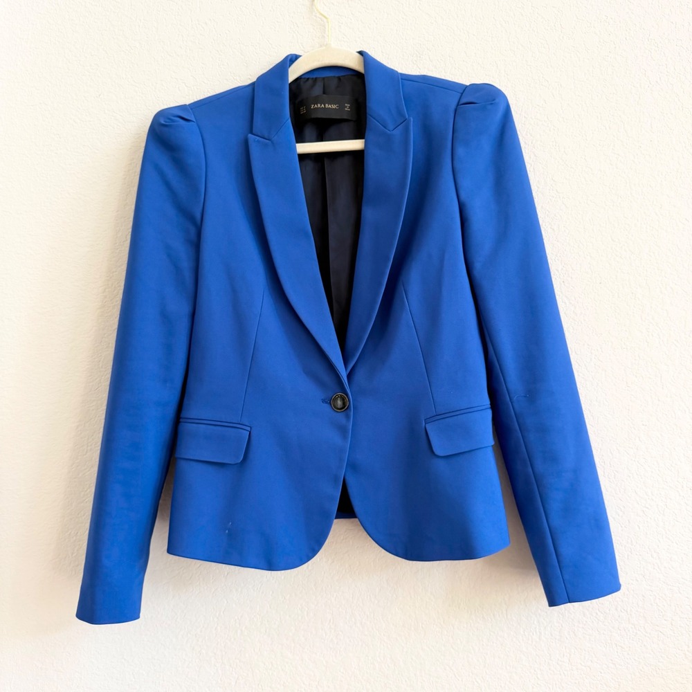Zara Basic Royal Blue Puffed Shoulder Single Button Blazer Jacket Size M